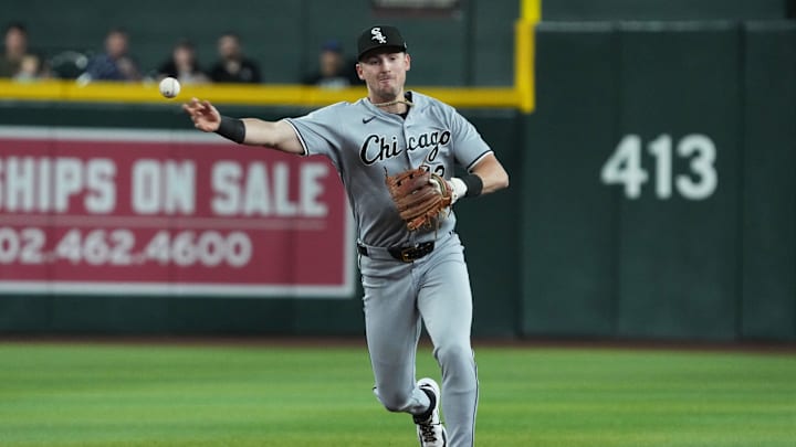 Apr 23, 2026; Phoenix, Arizona, USA; Chicago White Sox shortstop Colson Montgomery (12) makes the play for an out against the Arizona Diamondbacks in the first inning at Chase Field. Mandatory Credit: Rick Scuteri-Imagn Images