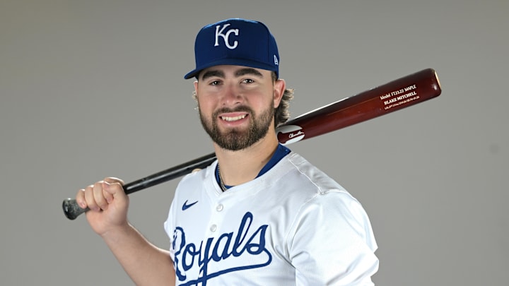 Feb 19, 2025; Surprise, AZ, USA; Kansas City Royals catcher Blake Mitchell (76) poses for a photo during media day. Mandatory Credit: Jayne Kamin-Oncea-Imagn Images Feb 19, 2025; Surprise, AZ, USA; Kansas City Royals catcher Blake Mitchell (76) poses for a photo during media day. Mandatory Credit: Jayne Kamin-Oncea-Imagn Images
