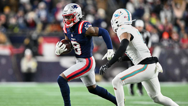 Jan 4, 2026; Foxborough, Massachusetts, USA; New England Patriots wide receiver Stefon Diggs (8) runs after the catch against