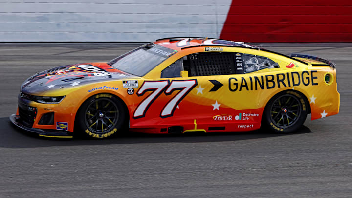 May 18, 2025; North Wilkesboro, North Carolina, USA; NASCAR Cup Series driver Carson Hocevar (77) during NASCAR All-Star Open at North Wilkesboro Speedway. Mandatory Credit: Peter Casey-Imagn Images