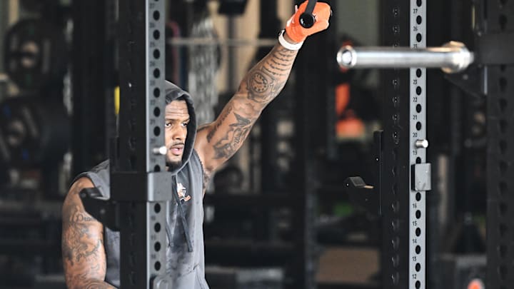 Jun 12, 2025; Berea, OH, USA; Cleveland Browns quarterback Deshaun Watson (4) works out during mini camp at CrossCountry Mortgage Campus. Mandatory Credit: Ken Blaze-Imagn Images