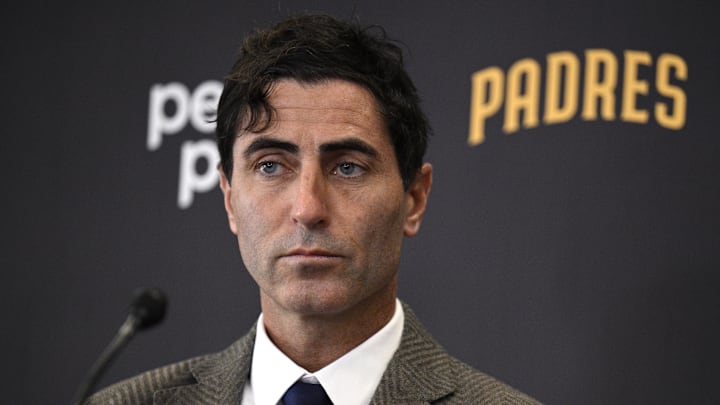 Nov 21, 2023; San Diego, CA, USA; San Diego Padres president of baseball operations and general manager A.J. Preller looks on during a press conference announcing the hiring of manager Mike Shildt (not pictured) at Petco Park. Mandatory Credit: Orlando Ramirez-Imagn Images Nov 21, 2023; San Diego, CA, USA; San Diego Padres president of baseball operations and general manager A.J. Preller looks on during a press conference announcing the hiring of manager Mike Shildt (not pictured) at Petco Park. Mandatory Credit: Orlando Ramirez-Imagn Images