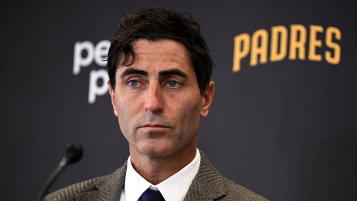 Nov 21, 2023; San Diego, CA, USA; San Diego Padres president of baseball operations and general manager A.J. Preller looks on during a press conference announcing the hiring of manager Mike Shildt (not pictured) at Petco Park. Mandatory Credit: Orlando Ramirez-USA TODAY Sports Nov 21, 2023; San Diego, CA, USA; San Diego Padres president of baseball operations and general manager A.J. Preller looks on during a press conference announcing the hiring of manager Mike Shildt (not pictured) at Petco Park. Mandatory Credit: Orlando Ramirez-USA TODAY Sports