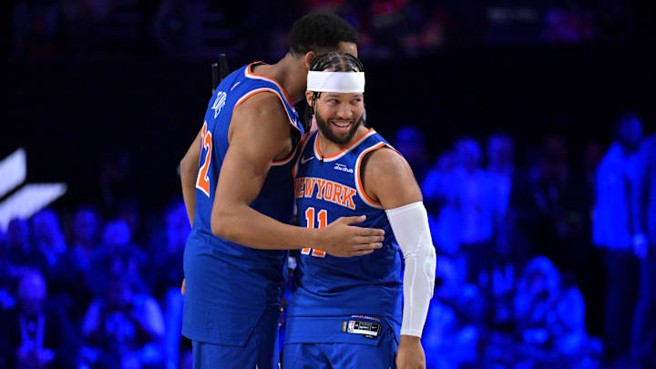 Feb 14, 2026; Los Angeles, CA, USA; Team Knicks guard Jalen Brunson (11) and center Karl-Anthony Towns (32) of the New York Knicks react in the shooting stars competition during the 2026 NBA All Star Saturday Night at Intuit Dome. Mandatory Credit: Jayne Kamin-Oncea-Imagn Images