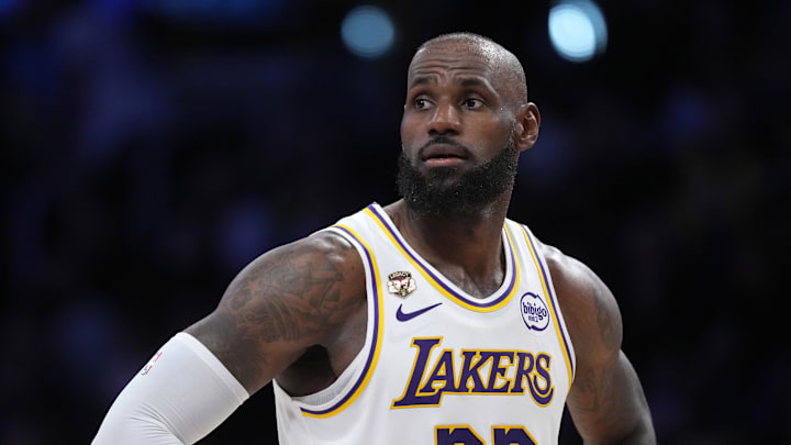 Apr 12, 2026; Los Angeles, California; Los Angeles Lakers forward LeBron James (23) reacts in the first half against the Utah Jazz at Crypto.com Arena. Mandatory Credit: Kirby Lee-Imagn Images