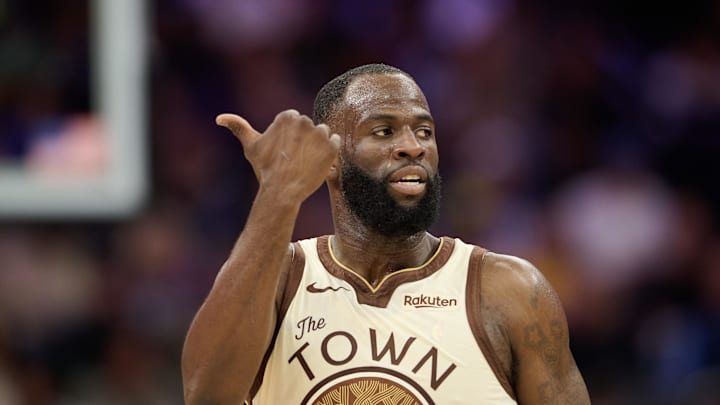 Apr 10, 2026; Sacramento, California, USA; Golden State Warriors forward Draymond Green (23) gestures toward the Sacramento Kings bench during the third quarter at Golden 1 Center. Mandatory Credit: Robert Edwards-Imagn Images
