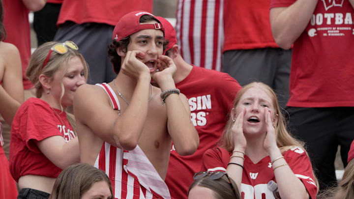 Spectators chant for the firing of Wisconsin head coach Luke Fickell during the fourth quarter of their game Saturday, September 20, 2025 at Camp Randall Stadium in Madison, Wisconsin. Maryland beat Wisconsin 27-10.