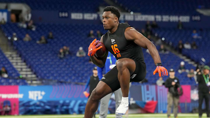 Feb 28, 2026; Indianapolis, IN, USA; Clemson running back Adam Randall (RB16) during the NFL Scouting Combine at Lucas Oil Stadium. Mandatory Credit: Kirby Lee-Imagn Images