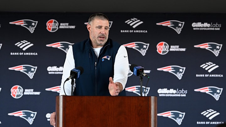 Mar 13, 2025; Foxborough, MA, USA; New England Patriots head coach Mike Vrabel discusses the teamís recent free agent additions with the media at Gillette Stadium. Mandatory Credit: Eric Canha-Imagn Images