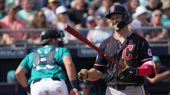 Feb 26, 2026; Peoria, Arizona, USA; Cleveland Guardians third baseman Carter Kieboom (31) reacts after striking out against the Seattle Mariners in the second inning at Peoria Sports Complex. Mandatory Credit: Rick Scuteri-Imagn Images