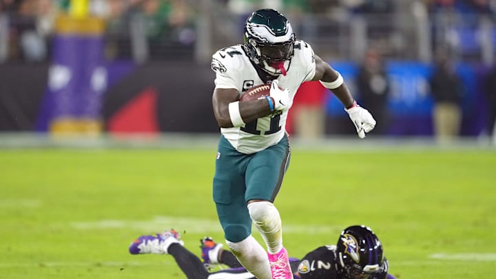 Dec 1, 2024; Baltimore, Maryland, USA; Philadelphia Eagles wide receiver A.J. Brown (11) gains yardage after a third quarter catch defended by Baltimore Ravens cornerback Nate Wiggins (2) at M&T Bank Stadium. Mandatory Credit: Mitch Stringer-Imagn Images Dec 1, 2024; Baltimore, Maryland, USA; Philadelphia Eagles wide receiver A.J. Brown (11) gains yardage after a third quarter catch defended by Baltimore Ravens cornerback Nate Wiggins (2) at M&T Bank Stadium. Mandatory Credit: Mitch Stringer-Imagn Images