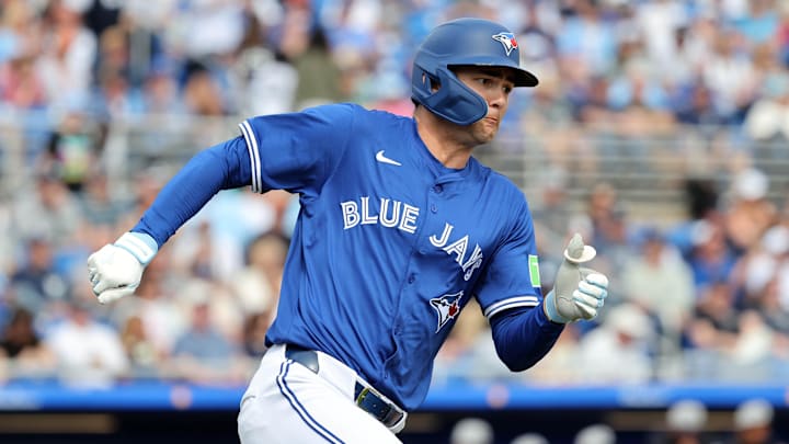 Toronto Blue Jays center fielder Joey Loperfido (10) runs the bases after hitting a double during the third inning against the New York Yankees at TD Ballpark in 2025.