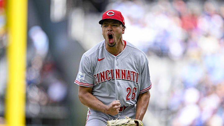 Apr 5, 2026; Arlington, Texas, USA; Cincinnati Reds starting pitcher Chase Burns (26) celebrates after striking out the Texas Rangers during the sixth inning at Globe Life Field. Mandatory Credit: Jerome Miron-Imagn Images