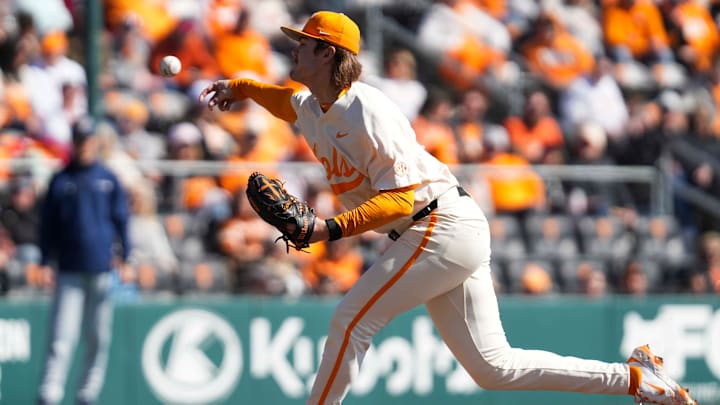 Tennessee pitcher Austin Hunley (31) pitches during a Tennessee baseball game against Samford at Lindsey Nelson Stadium at the University of Tennessee on Sunday, February 23, 2025. Tennessee pitcher Austin Hunley (31) pitches during a Tennessee baseball game against Samford at Lindsey Nelson Stadium at the University of Tennessee on Sunday, February 23, 2025.