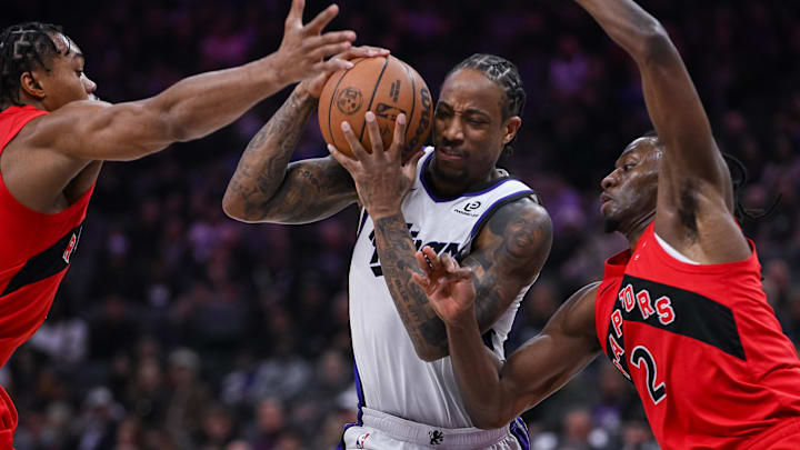 Jan 21, 2026; Sacramento, California, USA; Sacramento Kings guard/forward DeMar DeRozan (10) drives to the basket against the Toronto Raptors during the second quarter at Golden 1 Center. Mandatory Credit: Ed Szczepanski-Imagn Images