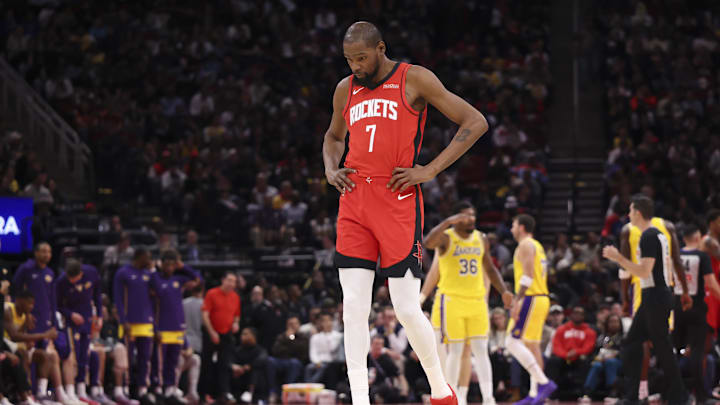 Mar 16, 2026; Houston, Texas, USA; Houston Rockets forward Kevin Durant (7) reacts after a play during the fourth quarter against the Los Angeles Lakers at Toyota Center. Mandatory Credit: Troy Taormina-Imagn Images