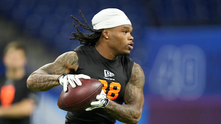 Feb 28, 2026; Indianapolis, IN, USA; LSU wideout Zavion Thomas (WO38) during the NFL Scouting Combine at Lucas Oil Stadium. Mandatory Credit: Kirby Lee-Imagn Images