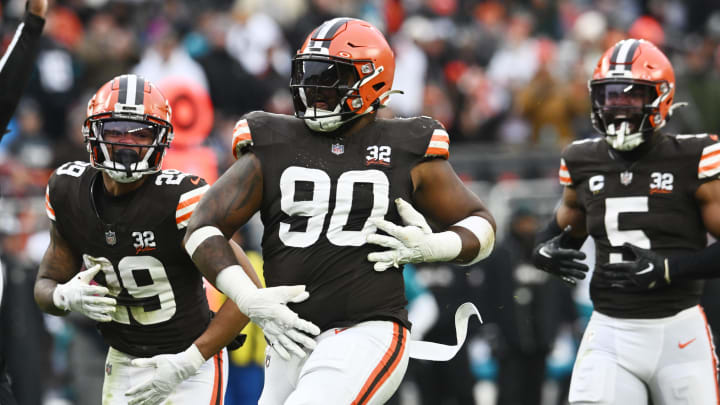 Dec 10, 2023; Cleveland, Ohio, USA; Cleveland Browns defensive tackle Maurice Hurst II (90) celebrates after sacking Jacksonville Jaguars quarterback Trevor Lawrence (not pictured) during the second half at Cleveland Browns Stadium. Mandatory Credit: Ken Blaze-USA TODAY Sports Dec 10, 2023; Cleveland, Ohio, USA; Cleveland Browns defensive tackle Maurice Hurst II (90) celebrates after sacking Jacksonville Jaguars quarterback Trevor Lawrence (not pictured) during the second half at Cleveland Browns Stadium. Mandatory Credit: Ken Blaze-USA TODAY Sports