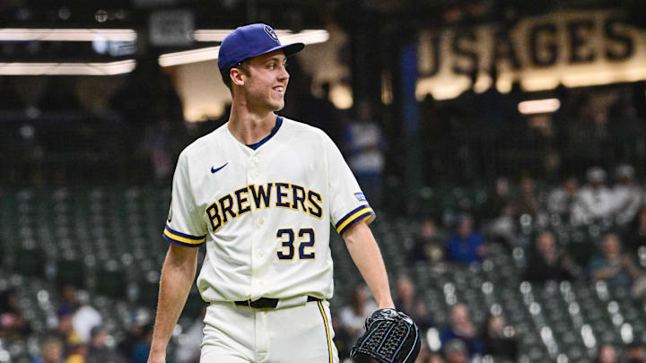 May 13, 2026; Milwaukee, Wisconsin, USA;  Milwaukee Brewers starting pitcher Jacob Misiorowski (32) reacts after retiring the side in the fourth inning against the San Diego Padres at American Family Field. Mandatory Credit: Benny Sieu-Imagn Images