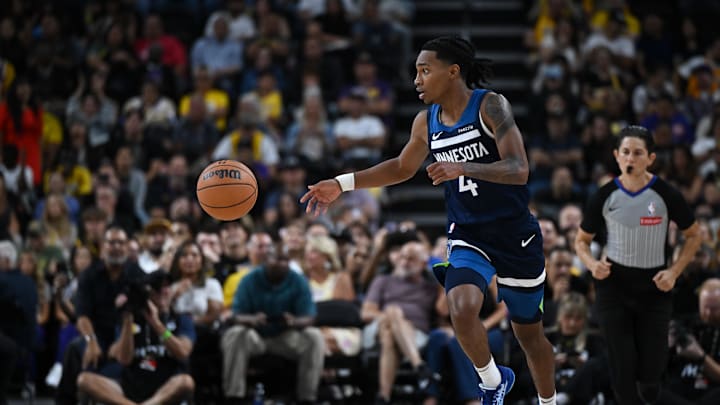 Oct 4, 2024; Palm Desert, California, USA; Minnesota Timberwolves guard Rob Dillingham (4) passes the ball against the Los Angeles Lakers during the second half at Acrisure Arena. Mandatory Credit: Jonathan Hui-Imagn Images Oct 4, 2024; Palm Desert, California, USA; Minnesota Timberwolves guard Rob Dillingham (4) passes the ball against the Los Angeles Lakers during the second half at Acrisure Arena. Mandatory Credit: Jonathan Hui-Imagn Images