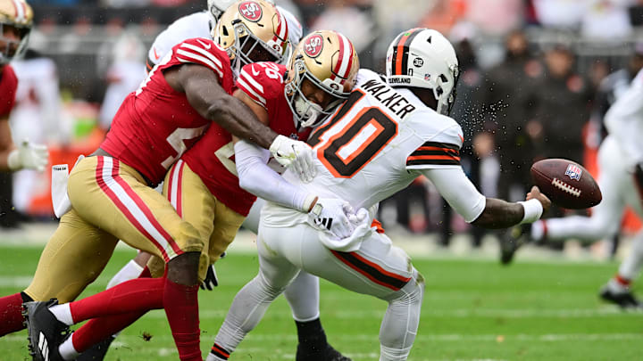 Oct 15, 2023; Cleveland, Ohio, USA; San Francisco 49ers linebacker Oren Burks (48) and cornerback