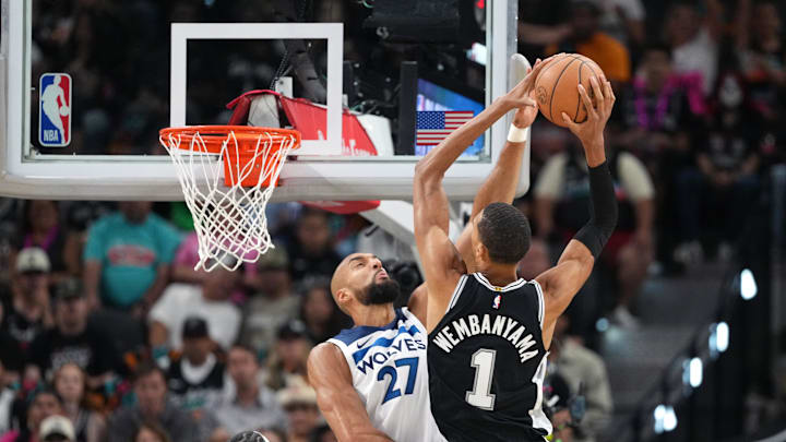 May 12, 2026; San Antonio, Texas, USA; San Antonio Spurs forward Victor Wembanyama (1) drives to the basket against Minnesota Timberwolves center Rudy Gobert (27) during the first half of game five of the second round of the 2026 NBA Playoffs at Frost Bank Center. Mandatory Credit: Scott Wachter-Imagn Images May 12, 2026; San Antonio, Texas, USA; San Antonio Spurs forward Victor Wembanyama (1) drives to the basket against Minnesota Timberwolves center Rudy Gobert (27) during the first half of game five of the second round of the 2026 NBA Playoffs at Frost Bank Center. Mandatory Credit: Scott Wachter-Imagn Images
