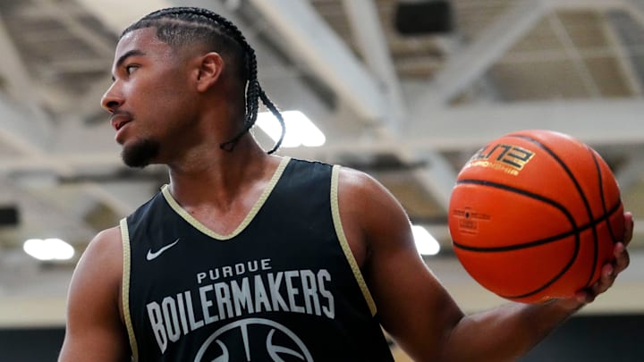 Purdue Boilermakers guard C.J. Cox (0) practices