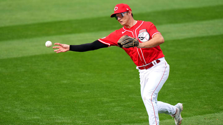 Cincinnati Reds infielder Tyler Callihan throws to first base for an out in the eighth inning during a MLB spring training baseball game, Sunday, Feb. 25, 2024, at Goodyear Ballpark in Goodyear, Ariz. Cincinnati Reds infielder Tyler Callihan throws to first base for an out in the eighth inning during a MLB spring training baseball game, Sunday, Feb. 25, 2024, at Goodyear Ballpark in Goodyear, Ariz.
