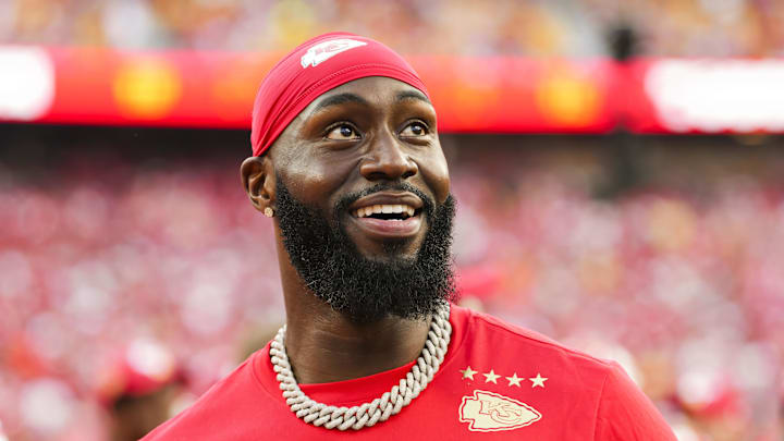 Sep 15, 2024; Kansas City, Missouri, USA; Kansas City Chiefs defensive end Charles Omenihu (90) reacts during the second half against the Cincinnati Bengals at GEHA Field at Arrowhead Stadium. Mandatory Credit: Jay Biggerstaff-Imagn Images
