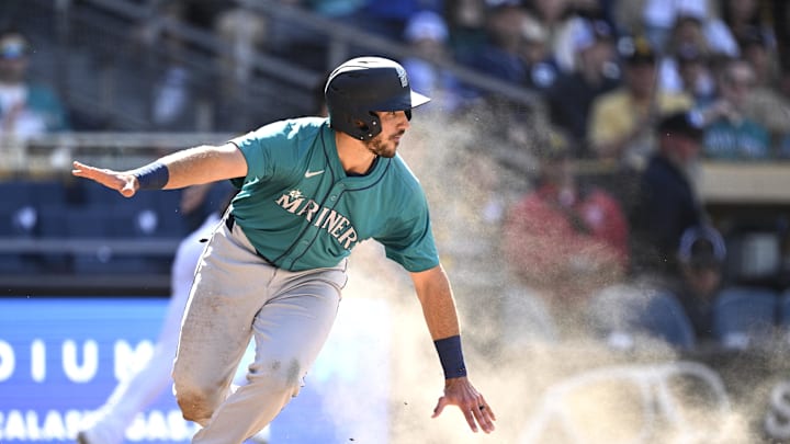 Seattle Mariners catcher Jake Anchia (56) reacts after scoring a run against the San Diego Padres during the ninth inning at Petco Park in 2024.