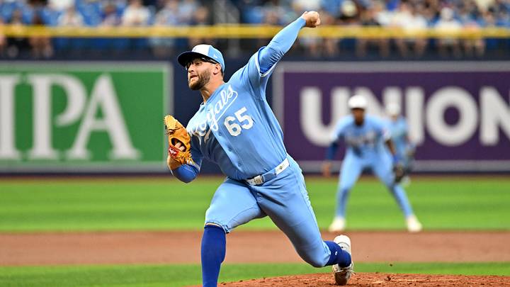 Jun 24, 2026; St. Petersburg, Florida, USA; Kansas City Royals starting pitcher Noah Cameron (65) throws a pitch in the second inning against the Tampa Bay Rays  at Tropicana Field. Mandatory Credit: Jonathan Dyer-Imagn Images