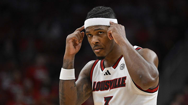 Nov 24, 2025; Louisville, Kentucky, USA;  Louisville Cardinals guard Ryan Conwell (3) reacts during the second half against the Eastern Michigan Eagles at KFC Yum! Center. Louisville defeated Eastern Michigan 87-46. Mandatory Credit: Jamie Rhodes-Imagn Images