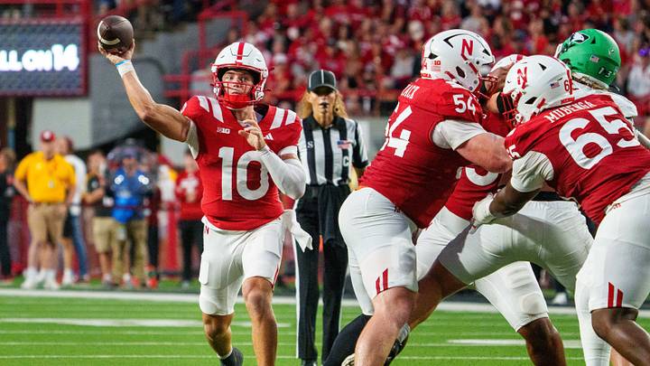 Sep 19, 2026; Lincoln, Nebraska, USA; Nebraska Cornhuskers quarterback Anthony Colandrea (10) passes against the North Dakota Fighting Hawks during the second quarter at Memorial Stadium. Sep 19, 2026; Lincoln, Nebraska, USA; Nebraska Cornhuskers quarterback Anthony Colandrea (10) passes against the North Dakota Fighting Hawks during the second quarter at Memorial Stadium.