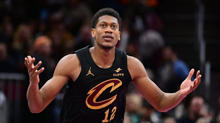 Nov 21, 2025; Cleveland, Ohio, USA; Cleveland Cavaliers forward De'Andre Hunter (12) celebrates after hitting a three point basket against the Indiana Pacers during the second half at Rocket Arena.