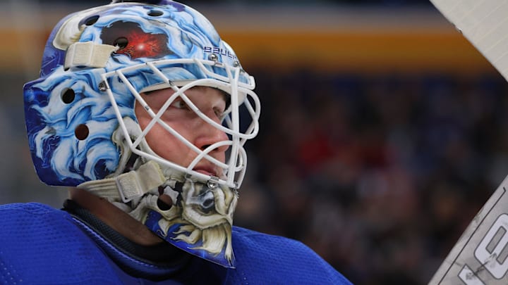Jan 13, 2024; Buffalo, New York, USA;  Buffalo Sabres goaltender Ukko-Pekka Luukkonen (1) during a