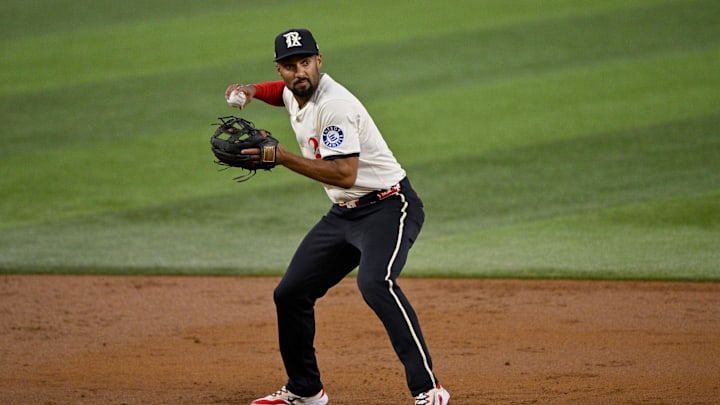 Jul 25, 2025; Arlington, Texas, USA; Texas Rangers second baseman Marcus Semien (2) in action during the game between the Texas Rangers and the Atlanta Braves at Globe Life Field. Mandatory Credit: Jerome Miron-Imagn Images