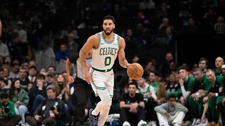 Apr 11, 2025; Boston, Massachusetts, USA; Boston Celtics forward Jayson Tatum (0) dribbles the ball against the Charlotte Hornets during the first half at TD Garden. Mandatory Credit: Eric Canha-Imagn Images Apr 11, 2025; Boston, Massachusetts, USA; Boston Celtics forward Jayson Tatum (0) dribbles the ball against the Charlotte Hornets during the first half at TD Garden. Mandatory Credit: Eric Canha-Imagn Images