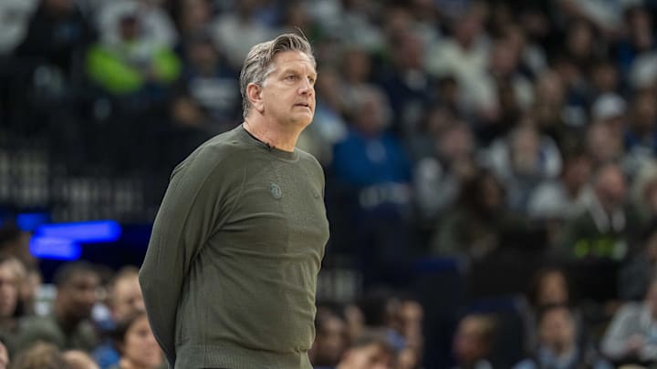 Apr 25, 2025; Minneapolis, Minnesota, USA; Minnesota Timberwolves head coach Chris Finch looks on in the first half against the Los Angeles Lakers during game three of first round for the 2024 NBA Playoffs at Target Center. Mandatory Credit: Jesse Johnson-Imagn Images