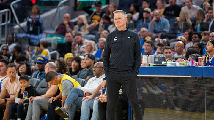 Oct 13, 2024; San Francisco, California, USA;  Golden State Warriors head coach Steve Kerr reacts after the call against the Detroit Pistons during the fourth quarter at Chase Center. Mandatory Credit: Neville E. Guard-Imagn Images