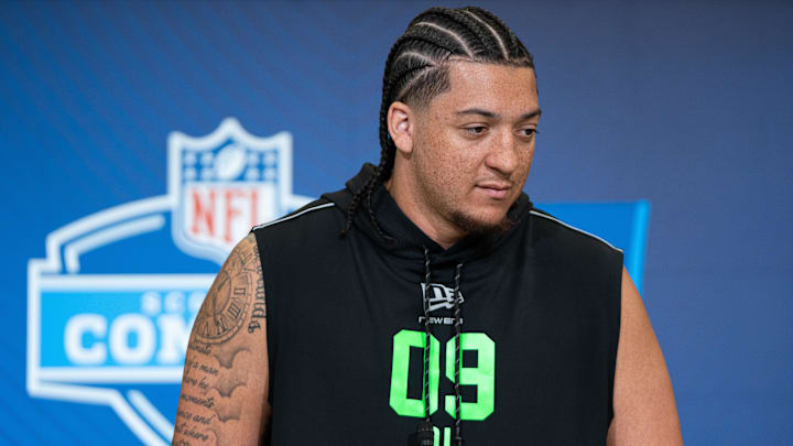 Feb 28, 2026; Indianapolis, IN, USA; Memphis offensive lineman Travis Burke (OL09) speaks to members of the media during the NFL Combine at the Indiana Convention Center. Mandatory Credit: Jacob Musselman-Imagn Images