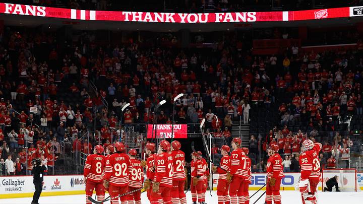 Apr 11, 2026; Detroit, Michigan, USA; Detroit Red Wings salute their fans after the game against the New Jersey Devils at Little Caesars Arena. Mandatory Credit: Rick Osentoski-Imagn Images Apr 11, 2026; Detroit, Michigan, USA; Detroit Red Wings salute their fans after the game against the New Jersey Devils at Little Caesars Arena. Mandatory Credit: Rick Osentoski-Imagn Images