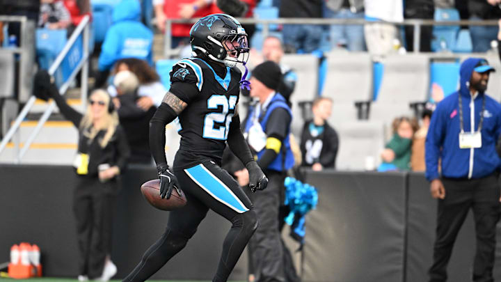 Carolina Panthers safety Lathan Ransom (22) celebrates after intercepting the ball to seal the victory 
