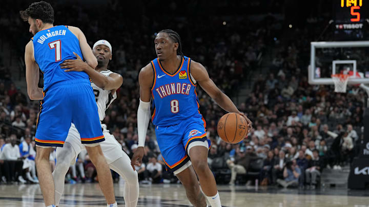 Feb 29, 2024; San Antonio, Texas, USA;  Oklahoma City Thunder forward Jalen Williams (8) comes off a