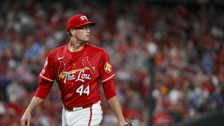 St. Louis Cardinals starting pitcher Kyle Gibson (44) looks on after giving up a solo home run to Cleveland Guardians second baseman Andres Gimenez (not pictured) during the sixth inning at Busch Stadium in 2024.