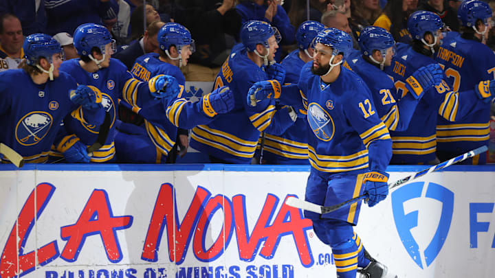 Feb 19, 2024; Buffalo, New York, USA;  Buffalo Sabres left wing Jordan Greenway (12) celebrates his