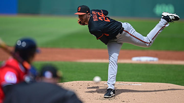 Apr 19, 2026; Cleveland, Ohio, USA; Baltimore Orioles starting pitcher Trevor Rogers (28) delivers to Cleveland Guardians third baseman Jose Ramirez (11) during the first inning at Progressive Field. Mandatory Credit: David Dermer-Imagn Images