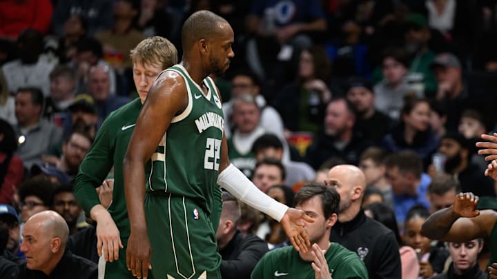 Apr 2, 2024; Washington, District of Columbia, USA; Milwaukee Bucks forward Khris Middleton (22) walks to the bench during the first quarter against the Washington Wizards at Capital One Arena. Mandatory Credit: Reggie Hildred-Imagn Images