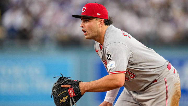 Cincinnati Reds first baseman Sal Stewart (43) plays a ground ball off the bat of Los Angeles Dodgers designated hitter Shohei Ohtani (17) for an out in the first inning of the MLB National League Wild Card Game 2 between the Los Angeles Dodgers and the Cincinnati Reds at Dodger Stadium in Los Angeles on Wednesday, Oct. 1, 2025. The Reds were eliminated from the postseason with an 8-4 loss to the reining World Series Champions La Dodgers.