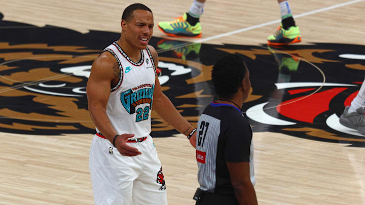 Apr 24, 2025; Memphis, Tennessee, USA; Memphis Grizzlies guard Desmond Bane (22) reacts toward an official during the first quarter against the Oklahoma City Thunder during game three for the first round of the 2024 NBA Playoffs at FedExForum. Mandatory Credit: Petre Thomas-Imagn Images