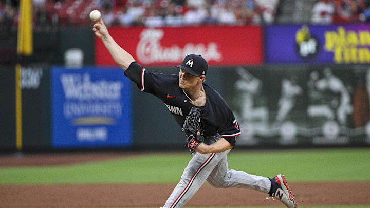 Aug 3, 2023; St. Louis, Missouri, USA;  Minnesota Twins starting pitcher Sonny Gray (54) pitches